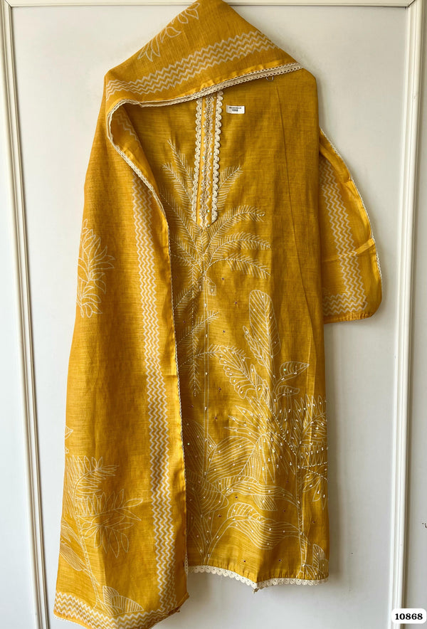 Yellow Linen Unstitched Printed Hand Embroidered - Set of 3