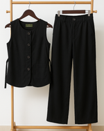 Black Linen Button-Front Waistcoat & Straight-Leg Pants Set thumbnail 1