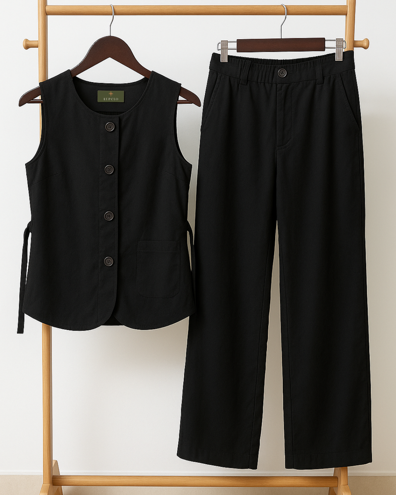 Black Linen Button-Front Waistcoat & Straight-Leg Pants Set