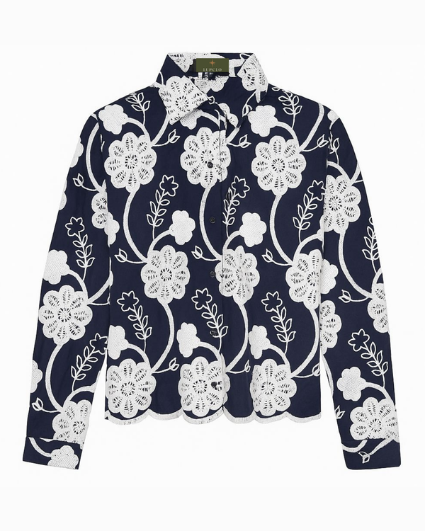 Navy Blue Floral Embroidered Button-Down Shirt