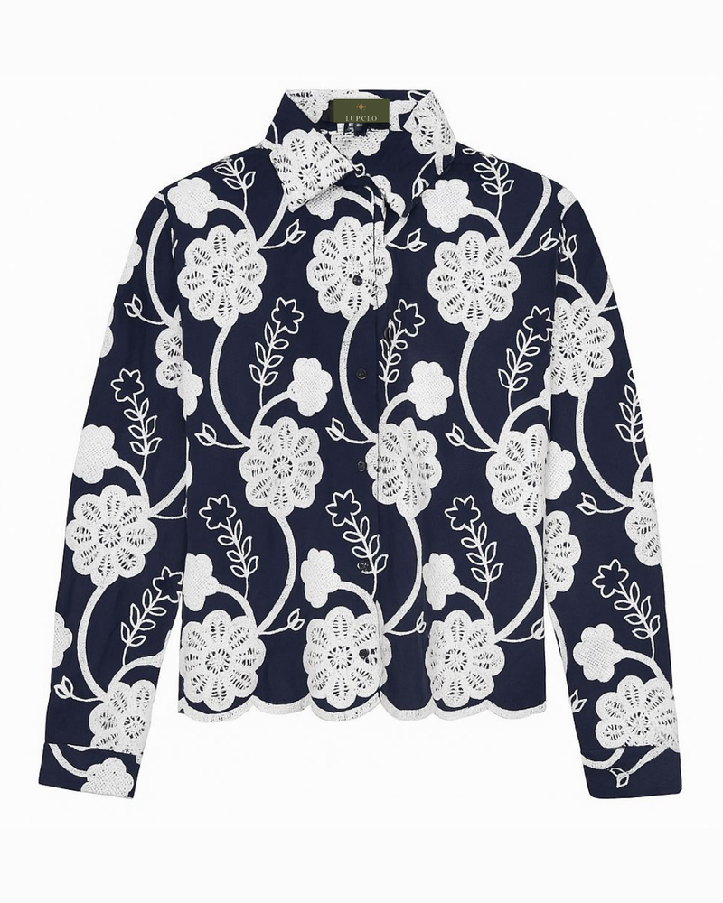 Navy Blue Floral Embroidered Button-Down Shirt