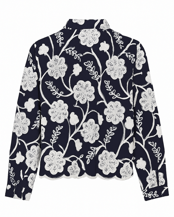 Navy Blue Floral Embroidered Button-Down Shirt