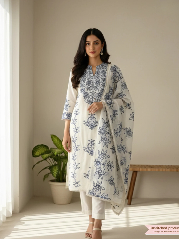 White Cotton Cora Unstitched Embroidered -Set Of 3