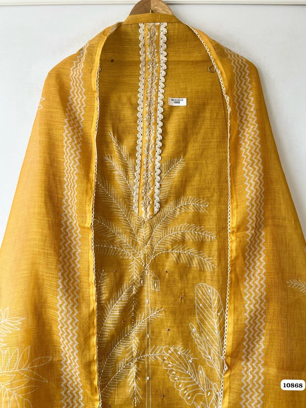 Yellow Linen Unstitched Printed Hand Embroidered - Set of 3