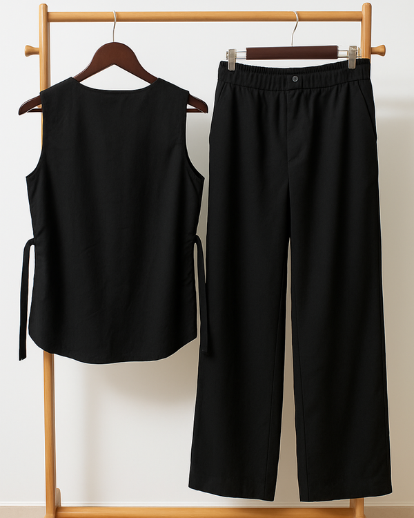 Black Linen Button-Front Waistcoat & Straight-Leg Pants Set
