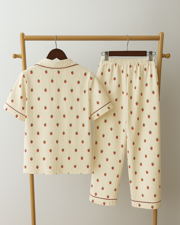 Cream Strawberry Print Cotton Pajama Set