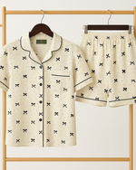 Cream Bow Print Cotton Pajama Shorts Set thumbnail 1