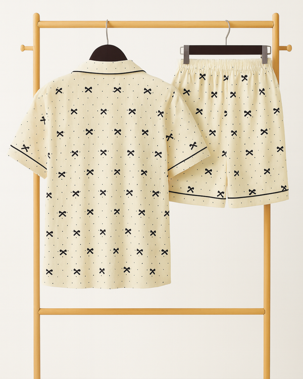 Cream Bow Print Cotton Pajama Shorts Set