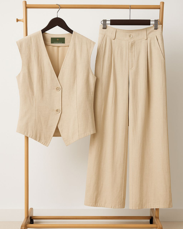 Beige Waistcoat & Wide-Leg Pants Set