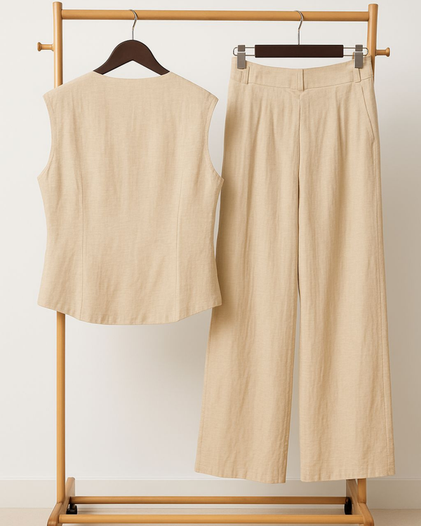 Beige Waistcoat & Wide-Leg Pants Set