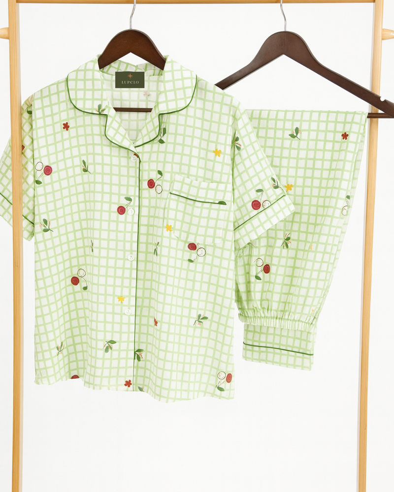 Green Checkered Floral Cotton Pajama Set