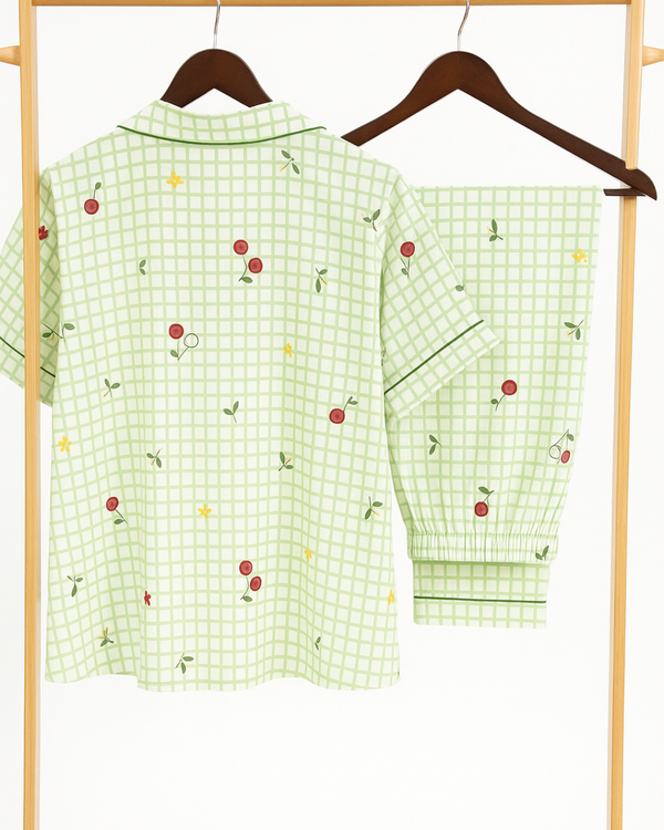 Green Checkered Floral Cotton Pajama Set