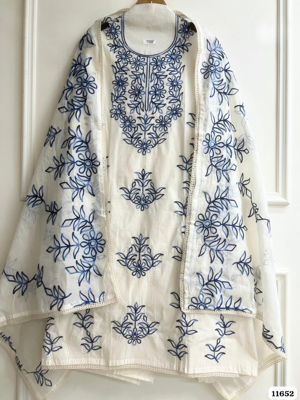 White Cotton Cora Unstitched Embroidered -Set Of 3