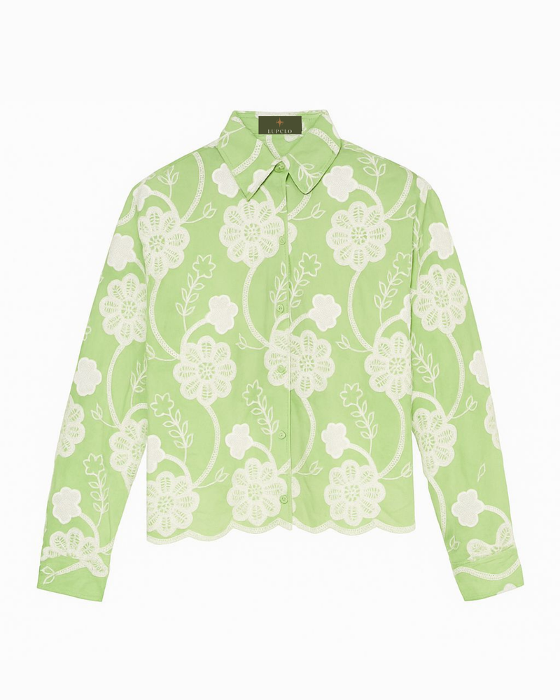 Light Green Floral Embroidered Button-Down Shirt