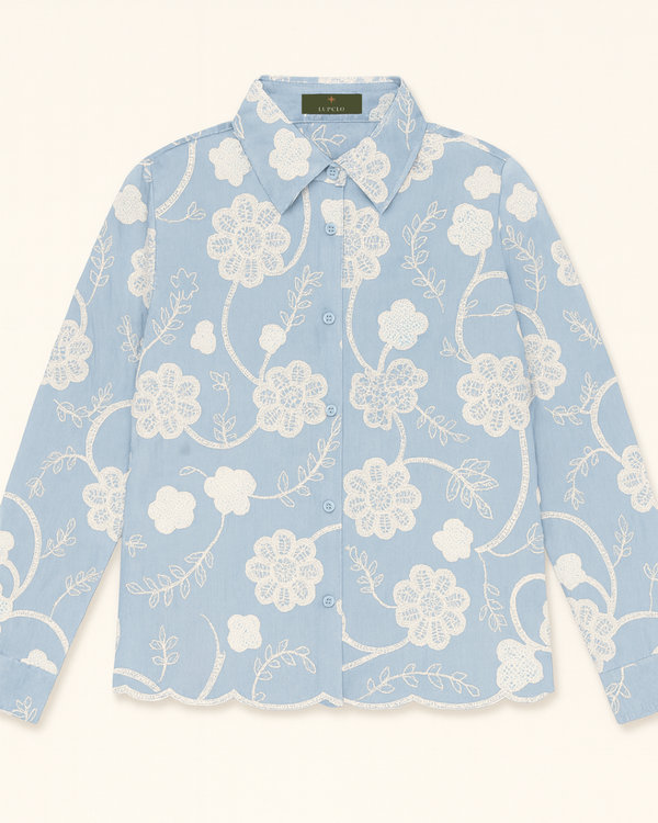 Light Blue Floral Embroidered Button-Down Shirt