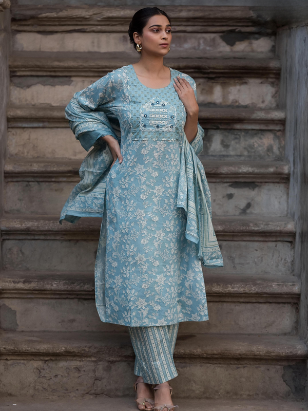 Blue Summer Cotton Printed Hand Embroidered -Set Of 3