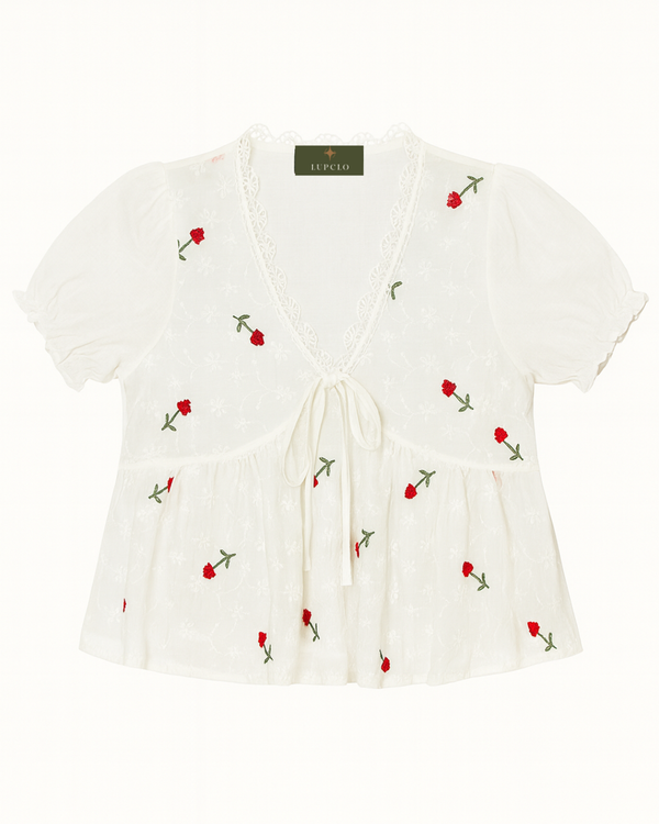 White Floral Embroidered Tie-Front Peplum Blouse