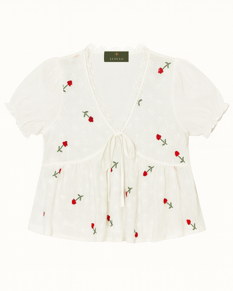 White Floral Embroidered Tie-Front Peplum Blouse