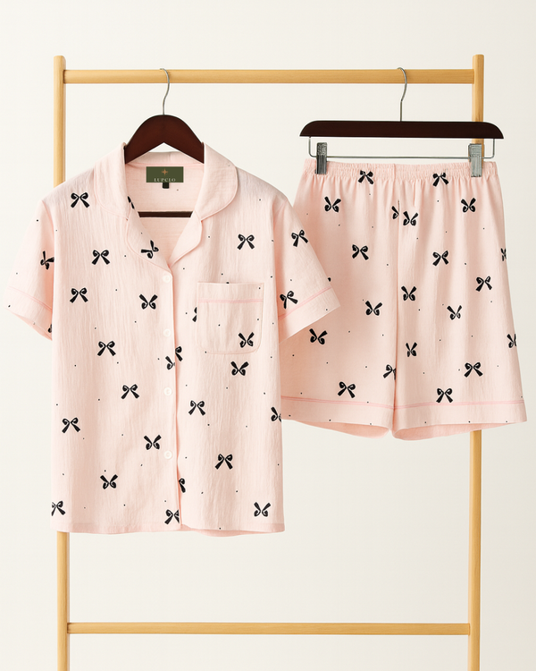 Pink Bow Print Cotton Pajama Shorts Set