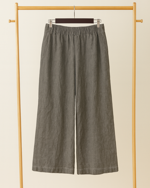 Charcoal Grey Linen-Blend Wide-Leg Pants