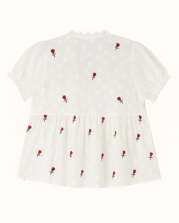 White Floral Embroidered Tie-Front Peplum Blouse