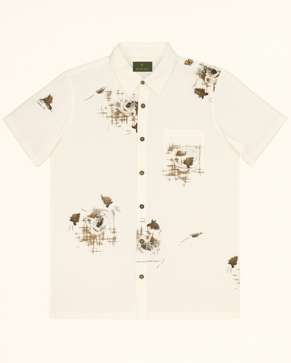 White Short-Sleeve Shirt with Nature-Inspired Print
