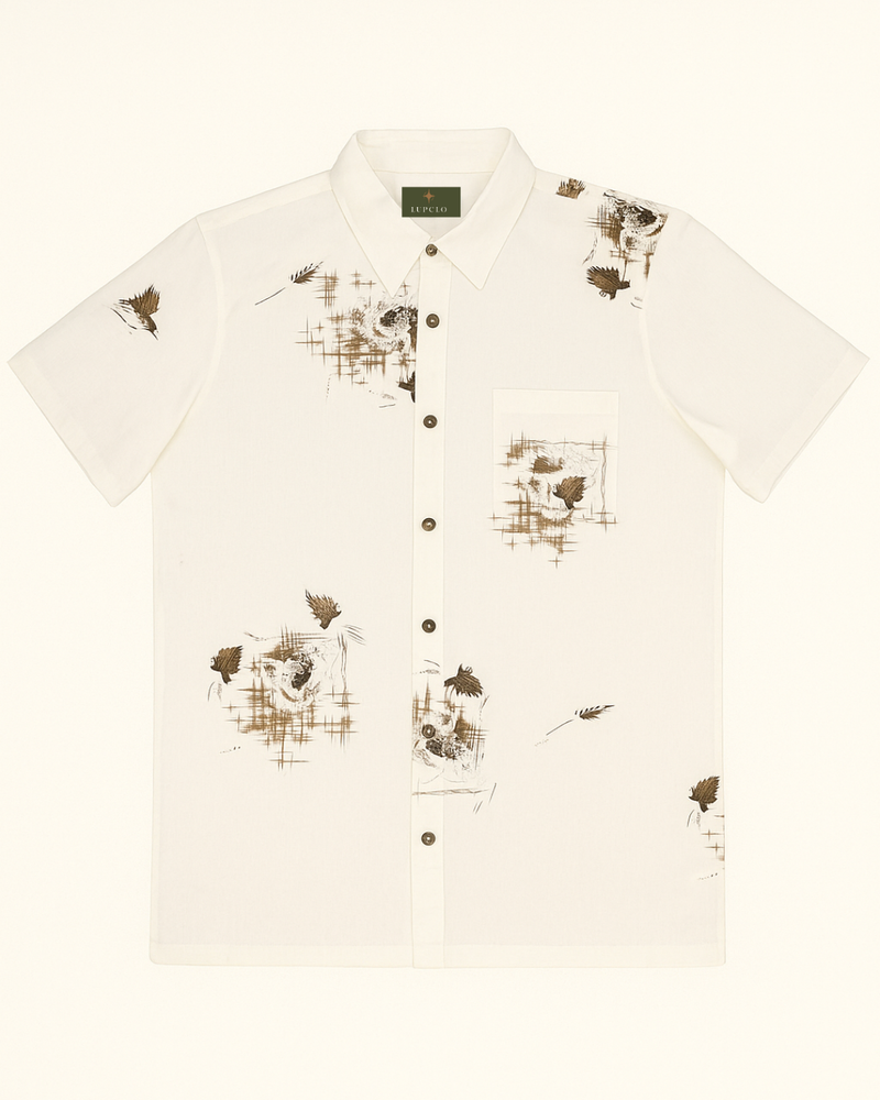White Short-Sleeve Shirt with Nature-Inspired Print
