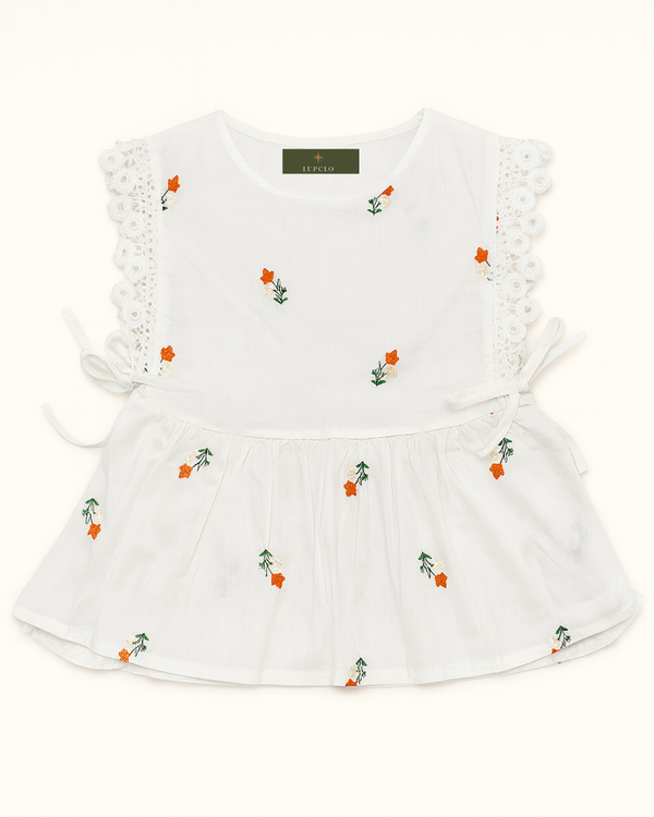 White Embroidered Sleeveless Top with Lace Detail