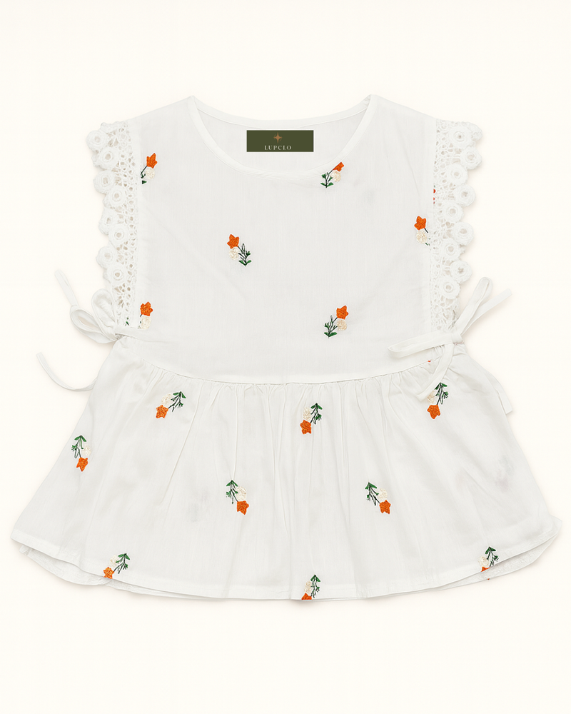 White Embroidered Sleeveless Top with Lace Detail