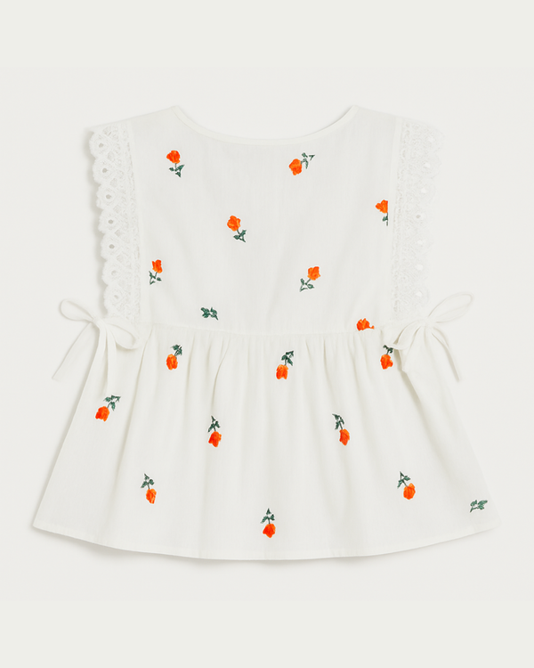 White Embroidered Sleeveless Top with Lace Detail