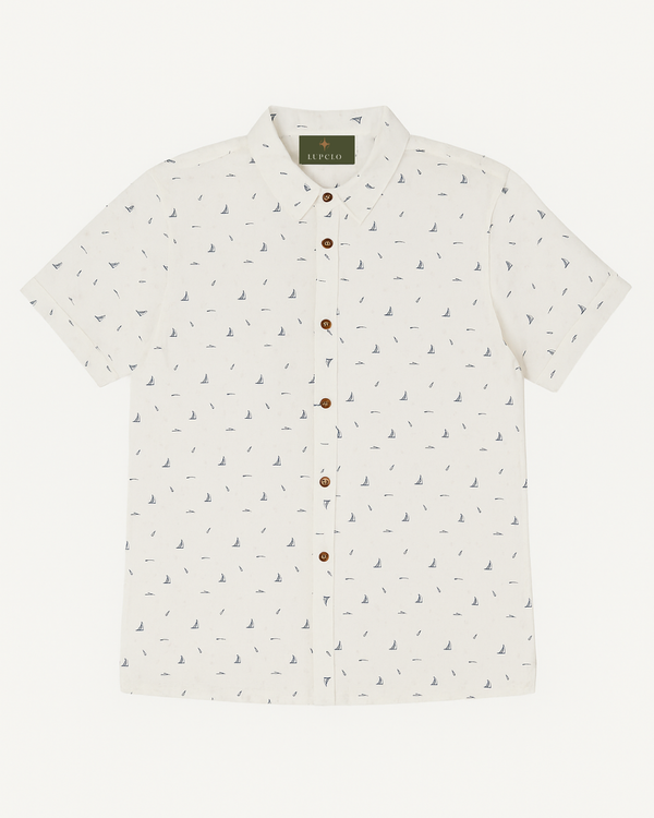 White Printed Cotton Short-Sleeve Shirt