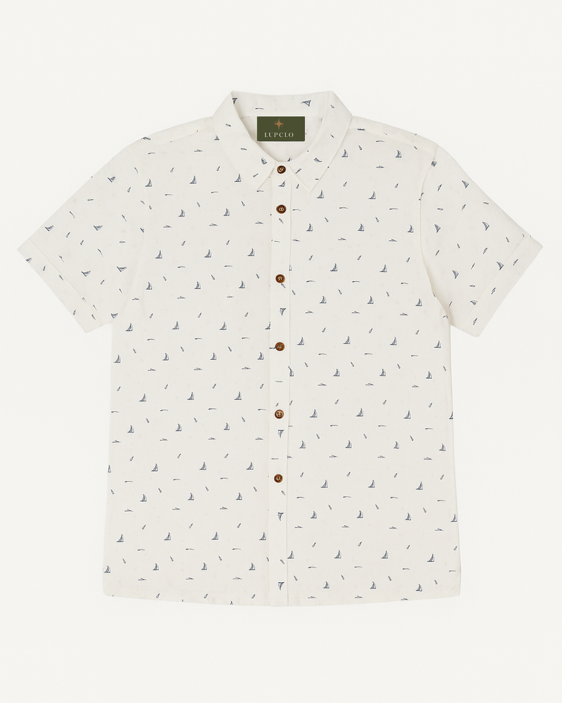 White Printed Cotton Short-Sleeve Shirt