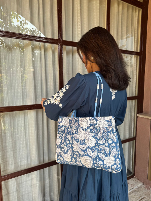 Blue Printed Shoulder Bag with Zip