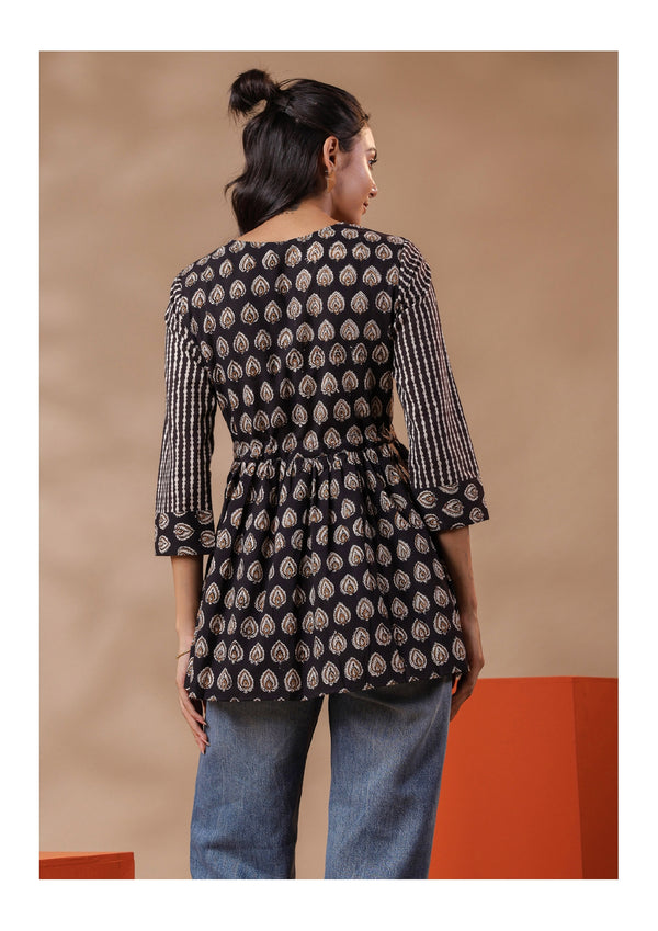 Black Floral Printed Cotton Wrap Top