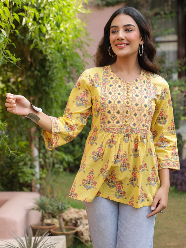 Yellow Handblock Printed & Embroidered A-Line Top