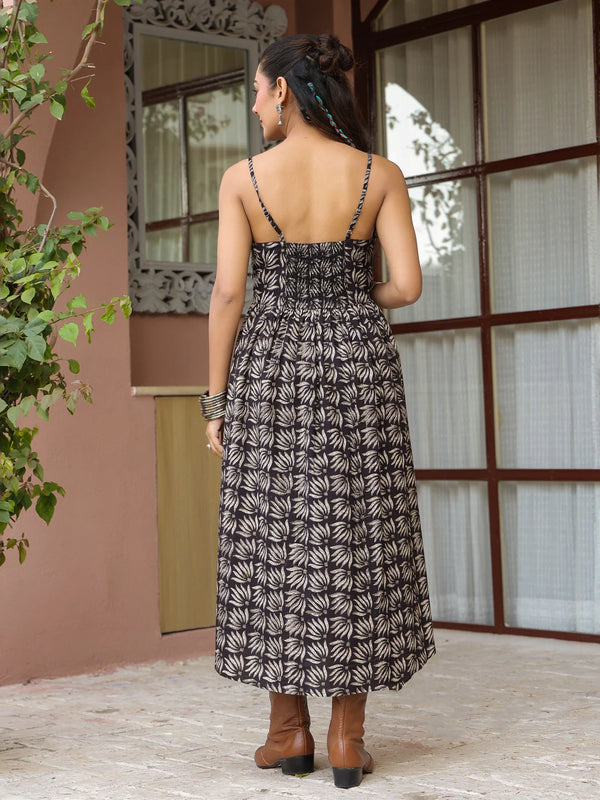Black Booti Handblock Printed Sleeveless Midi Dress