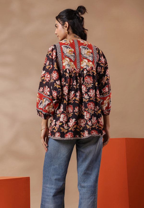 Black Bagru Hand-block Printed Boho Volume Sleeves Top