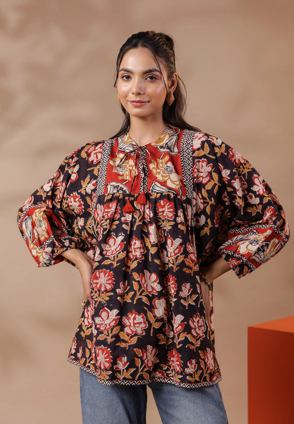 Black Bagru Hand-block Printed Boho Volume Sleeves Top