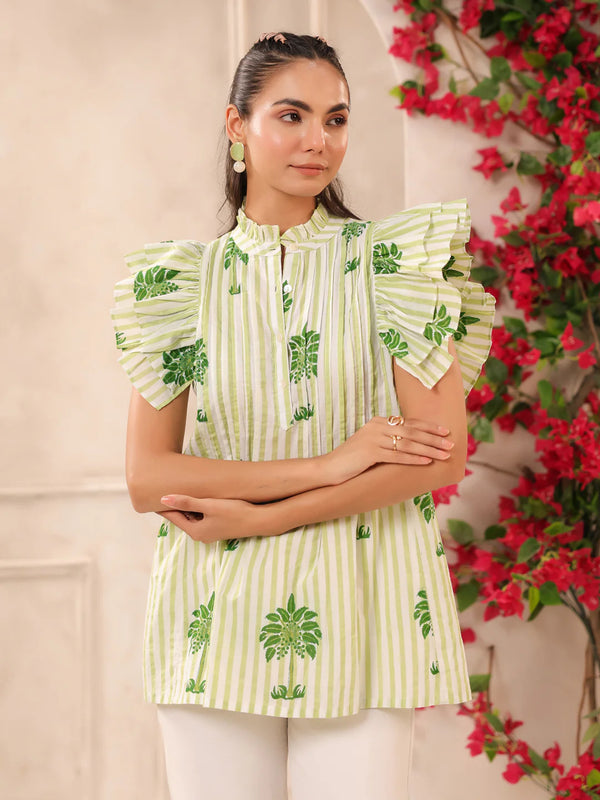 Green Palm Printed Pintucks Cotton Top