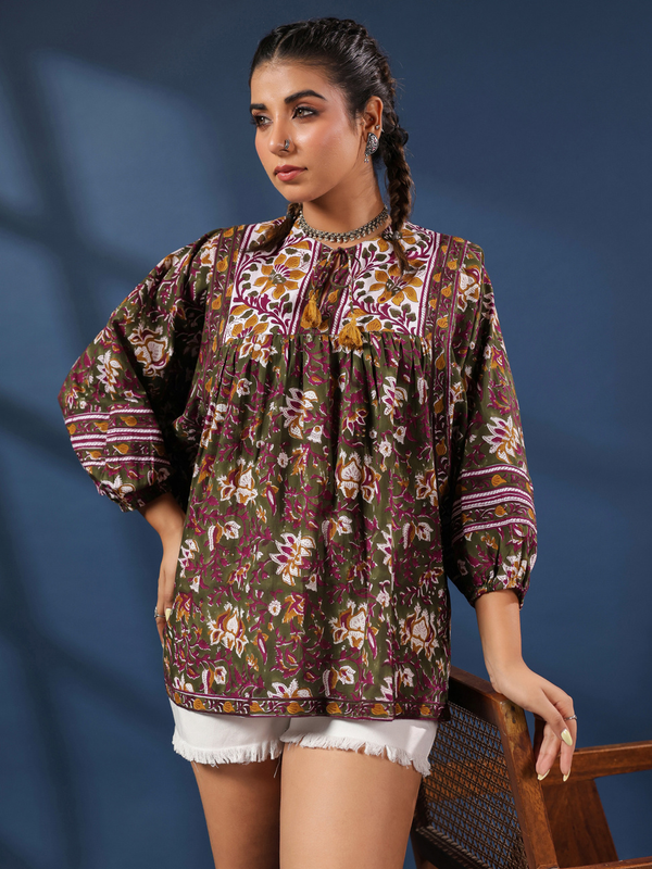 Dark Green Hand-block Printed Boho Volume Sleeves Top