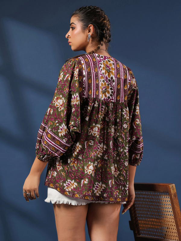 Dark Green Hand-block Printed Boho Volume Sleeves Top