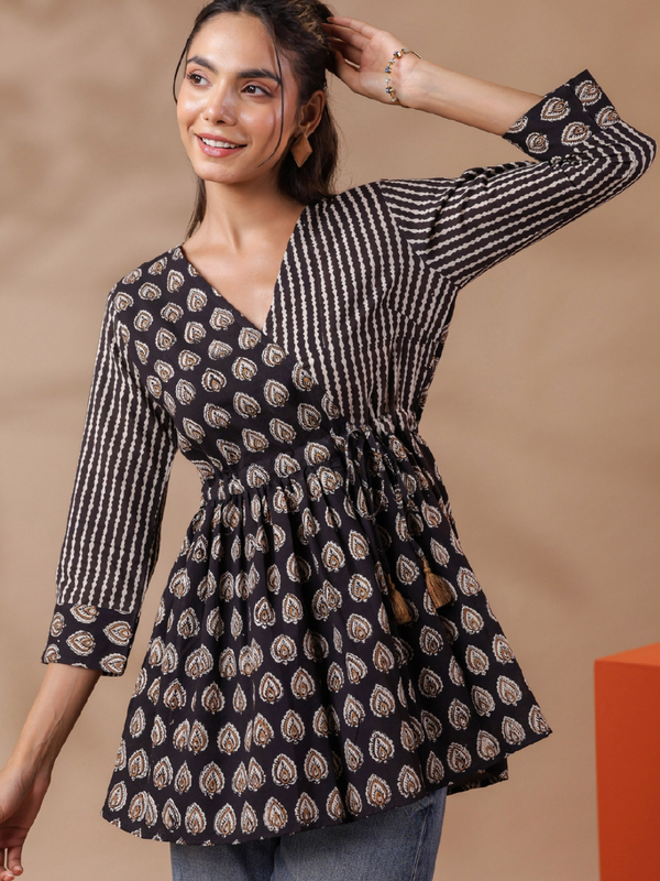Black Floral Printed Cotton Wrap Top